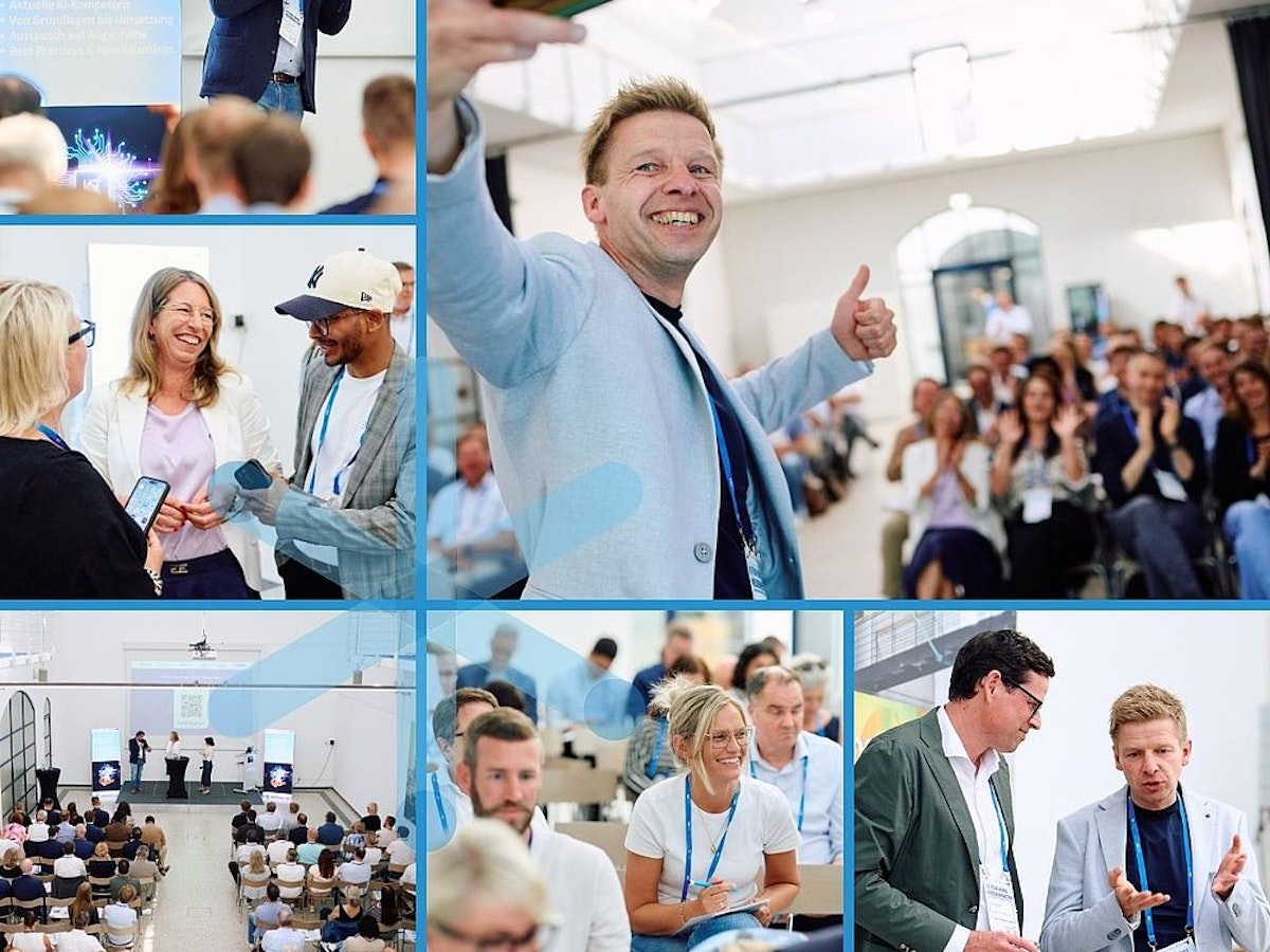 Eine Collage zeigt Menschen, die sich unterhalten, Kontakte knüpfen und an einer Wirtschaftskonferenz in einem hellen Saal teilnehmen, wobei unten die Logos der EU und deutscher Ministerien zu sehen sind.