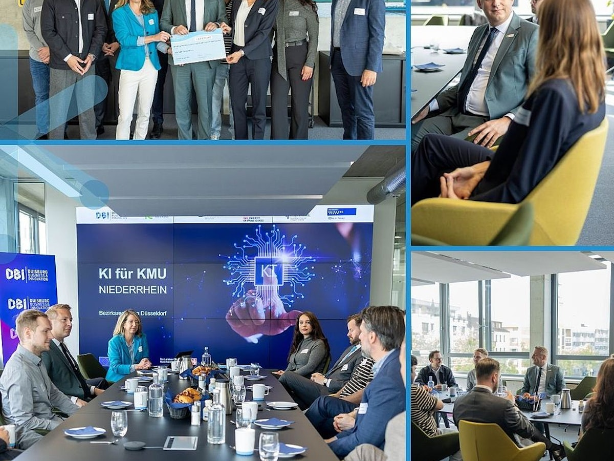 Collage aus Aufnahmen von Geschäftsleuten auf einer Konferenz, einem Gruppenfoto, einer Preisverleihung und einer Diskussionsrunde, mit den Logos der Europäischen Union und des Ministeriums am unteren Rand.