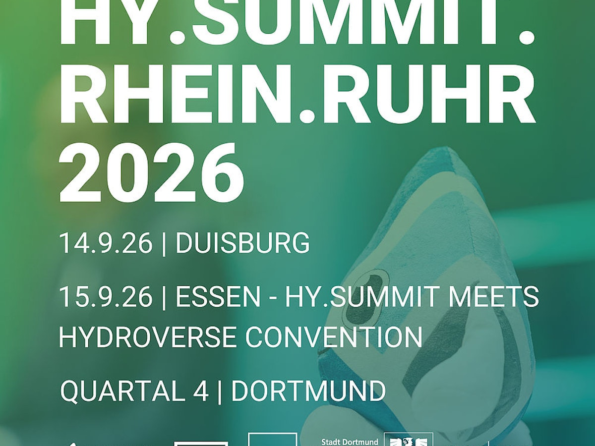 Promotional graphic for HY.SUMMIT.RHEIN.RUHR 2026, listing the event dates and locations: Duisburg (Sept. 14, 2026), Essen (Sept. 15, 2026), and Dortmund (4th quarter). The partners’ logos are shown below.