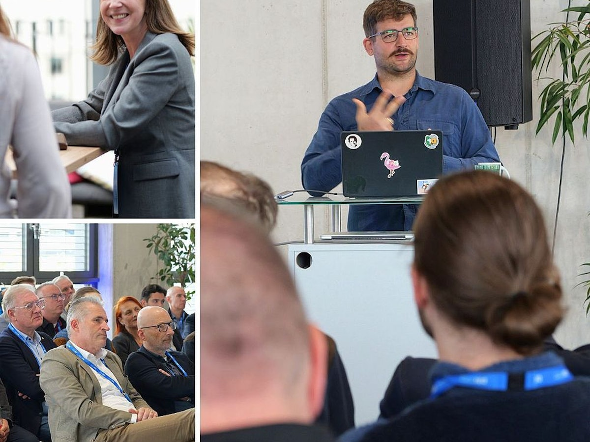 Eine Collage zeigt eine lächelnde Frau in einer Besprechung, einen Mann, der mit einem Laptop am Rednerpult spricht, und ein zuhörendes Publikum. In der unteren linken Ecke ist das Logo von „Duisburg Business & Innovation“ zu sehen.