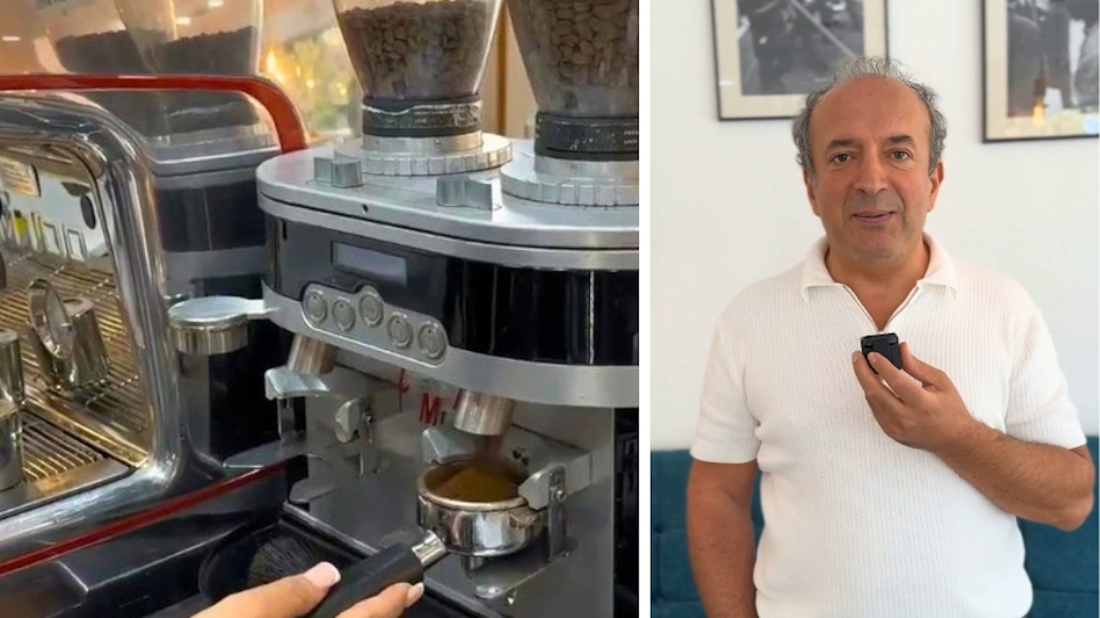 Eine Person bedient ein kleines Gerät in der Nähe einer Kaffeemaschine, während eine andere Person ein ähnliches Gerät an ihre Brust hält, im Raum steht und lächelt.