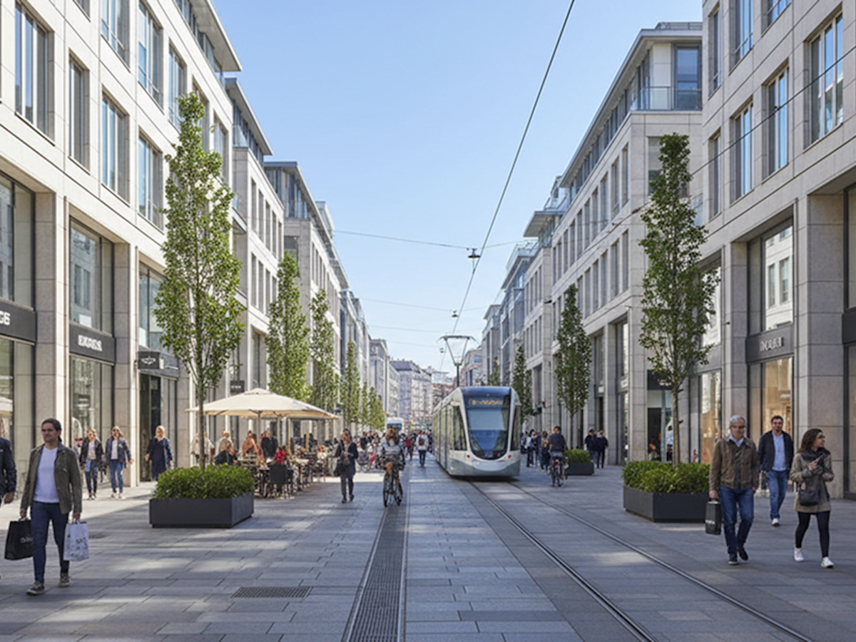 Eine moderne Stadtstraße mit Straßenbahnschienen; eine weiße Straßenbahn, Fußgänger, Radfahrer, Straßencafés und hohe Gebäude, die sich zu beiden Seiten aneinanderreihen; all das unter einem strahlend blauen Himmel.