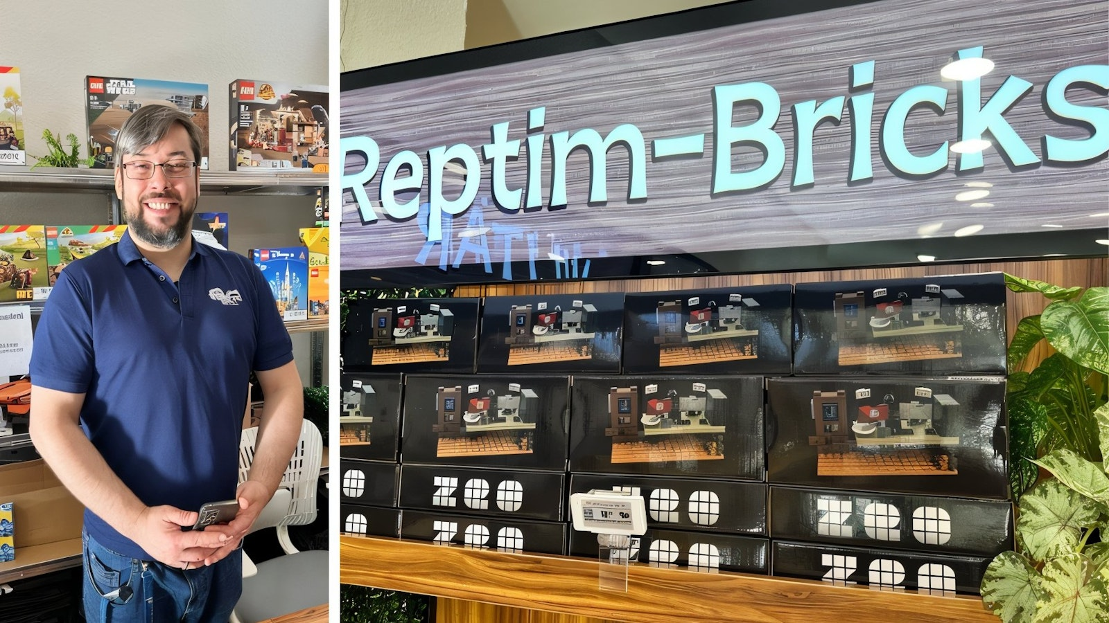 Ein lächelnder Mann steht in einem Spielzeugladen neben Regalen mit LEGO-Sets. Auf der angrenzenden Ausstellungsfläche sind verpackte Spielzeugsets unter einem großen „Reptim-Bricks“-Schild ausgestellt, an deren Seite grüne Pflanzen zu sehen sind.