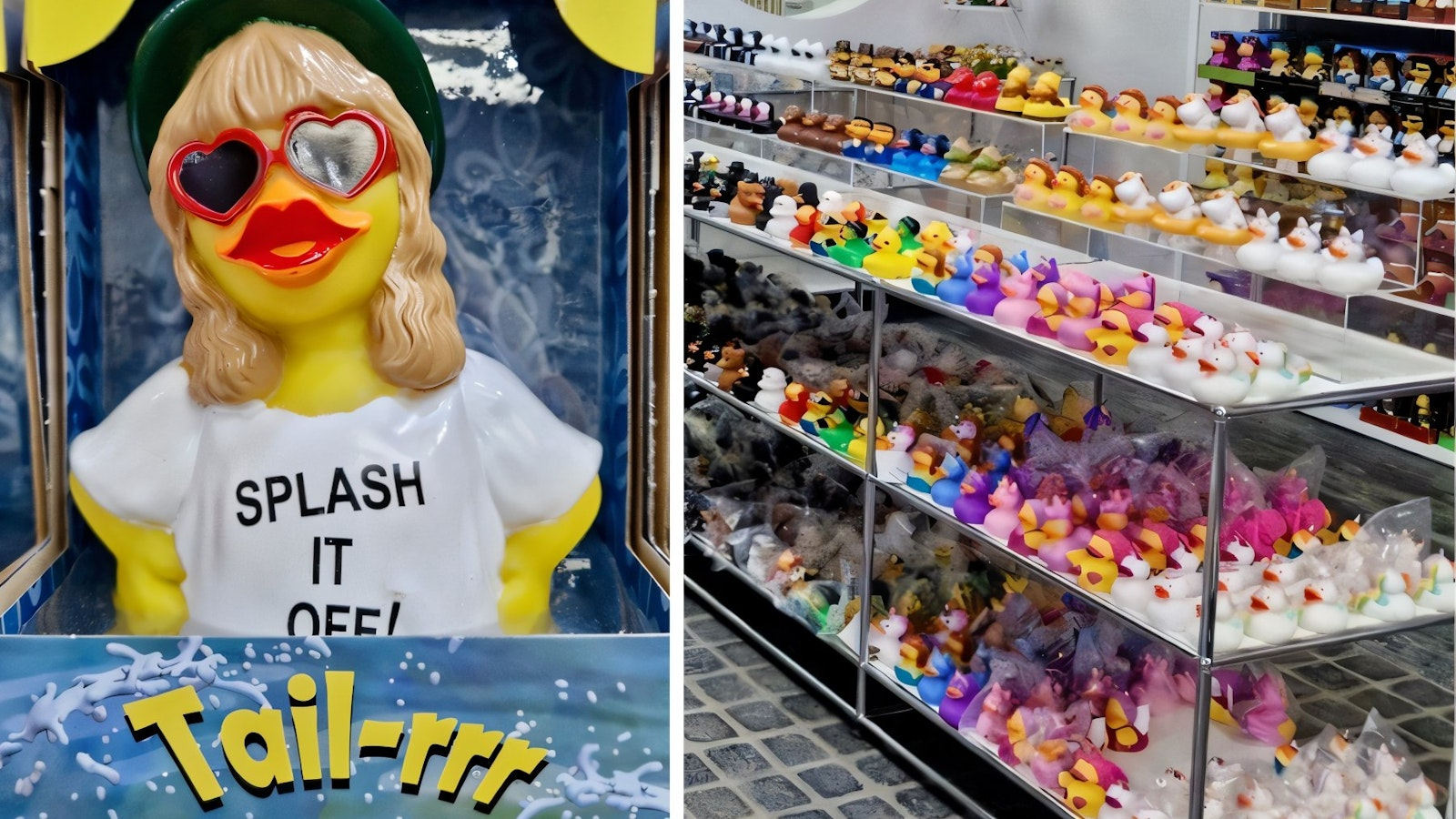 In einem Geschäft steht eine Schaufensterpuppe mit einer Herzbrille und einem „SPLASH IT OFF!“-T-Shirt neben Regalen, die mit verschiedenen bunten Gummienten gefüllt sind.