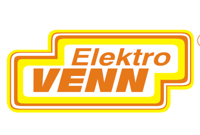 Logo mit dem Schriftzug „Elektro VENN“ in fetter orangefarbener Schrift, umrandet von übereinanderliegenden gelben, orangefarbenen und braunen Linien, die einen unregelmäßigen rechteckigen Rahmen bilden.