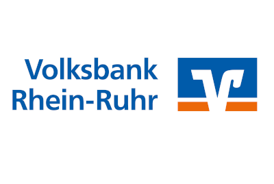 Das Logo der Volksbank Rhein-Ruhr mit blauem Text auf der linken Seite und einem blau-orangefarbenen Emblem mit einem weißen Symbol auf der rechten Seite.