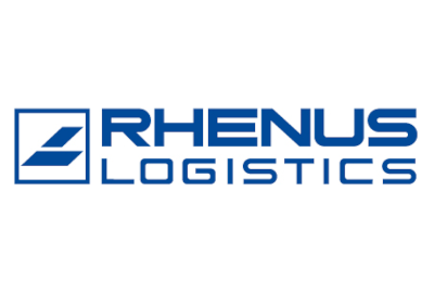 Auf der linken Seite das Rhenus Logistics-Logo mit einem blauen geometrischen Symbol in einem Quadrat und auf der rechten Seite der Schriftzug „RHENUS LOGISTICS“ in fetten blauen Buchstaben.